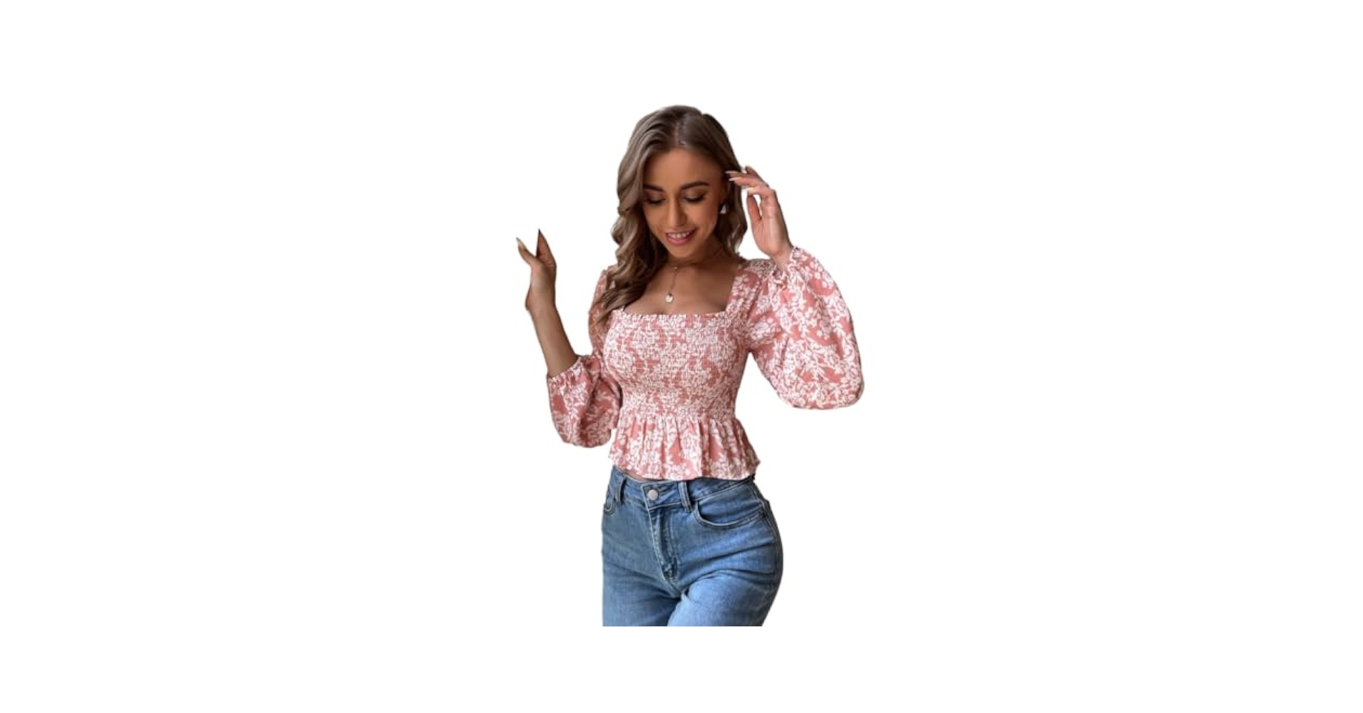 EFJONE Tops for Women 2024 Allover Floral Shirred Front