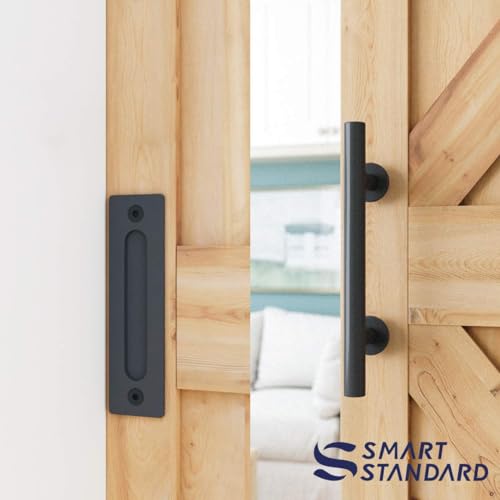 SMARTSTANDARD 6.8 FT Heavy Duty Sturdy Sliding Barn Door Hardware Kit, Black, (Whole Set Includes 1x Pull Handle Set & 1x Floor Guide) Fit 36"-40" Wide Door Panel (I Shape Hanger) by SMARTSTANDARD - Used condition - Image 5