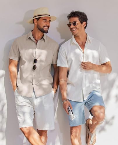 Image of COOFANDY Men's Button Down Short Sleeve Shirt Casual Cotton Summer Beach Wedding Linen Shirts with Pocket
