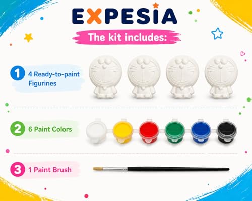Image of EXPESIA Paint Your Own Doremon Cartoon Figurine Kit for Kids, DIY Ceramic Craft Set, 6 Paint Colors with Brush, 4 Pack