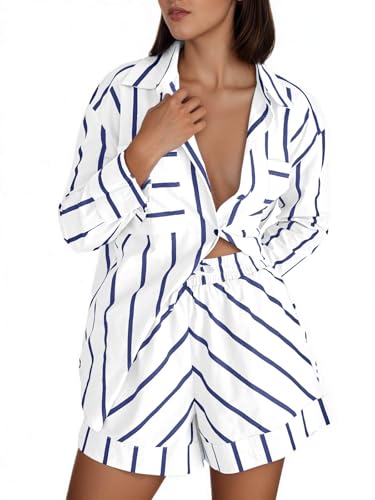 Image of Tankaneo Womens Striped 2 Piece Outfits Button Down Shirts and Shorts Lounge Matching Sets