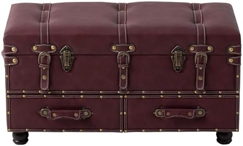 Vintage Mid-Century Storage Ottoman Bench - Upholstered Padded Chest for Entryway, Bedroom, Living Room - Dark Magenta