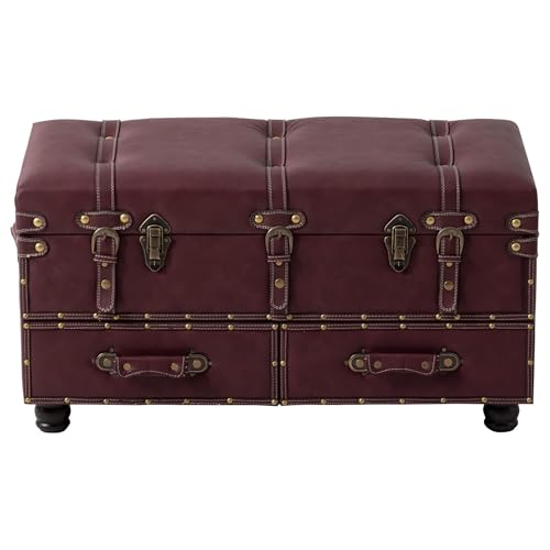 Vintage Mid-Century Storage Ottoman Bench - Upholstered Padded Chest for Entryway, Bedroom, Living Room - Dark Magenta