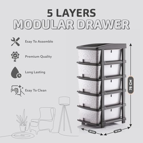 Image of 5XL Plastic Modular Drawer Storage Chest Of Drawers Organizer, Large Stomo Racks For Multipurpose Use Likes Home,Office,School (Grey, 5 LAYER) (30cmx38cmx78 cm)