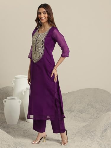 Image of Libas Burgundy Yoke Design Organza Straight Kurta set for Women | daily wear suit
