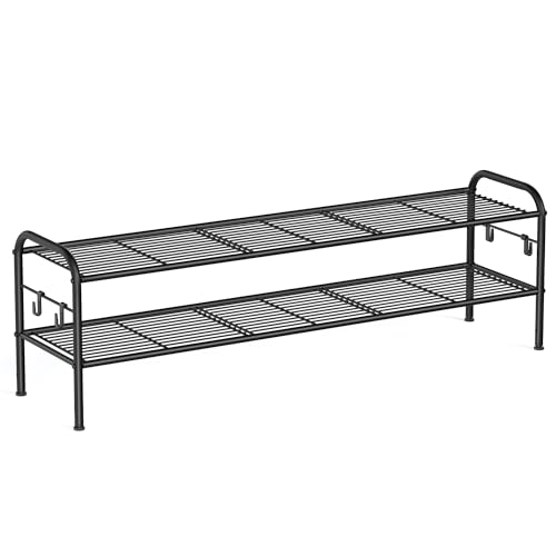 SONGMICS 2-Tier Shoe Organizer, Metal Shelf Storage With 4 Side Hooks, Holds 10 Pairs, Height-Adjustable Rack for Entryway, Hallway, Closet, Easy Assembly, Chestnut Brown 2 Tiers (33.5"W) Ch