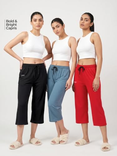 Image of Fflirtygo Women's Cotton Plain Calf Length Capri | Nightwear Pajama | 3 /4th Solid Pyjama Pant | Black Navy and Lavender Lounge Pants | Casual wear & Lounge Wear Capri Combo (Pack of 3)