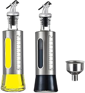 Oil Bottle, Olive Oil and Vinegar Drizzler Glass Bottles Set, 2PC 300ml Oil Dispenser with Funnel, Stainless Steel Bottle with Auto Flip Pourers for Cooking Kitchen Baking Salad