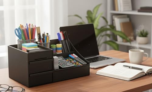 Image of ROKTRY Stationary Organizer with 2 Drawers & 9 Compartments | All-in-One Office Stationery Storage Box for Desk, School & Home | Space-Saving Metal Pen Stand & Desktop Accessories Caddy (Matte Black)