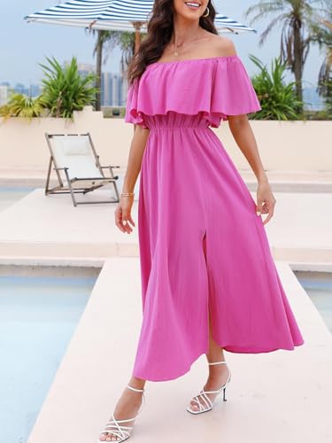 Image of CUPSHE Women Ruffle Floral Maxi Summer Dress Off Shoulder Short Sleeve Backless Flounce Bodice Slit Hem Beach Dresses