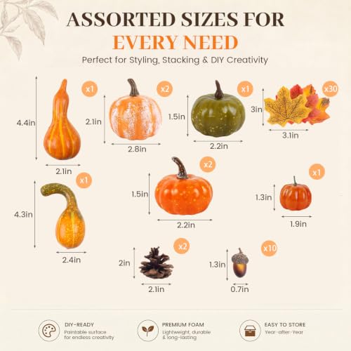 Image of DomeStar Fall Decorations for Home, 8 Assorted Mini Fake Pumpkins Gourds