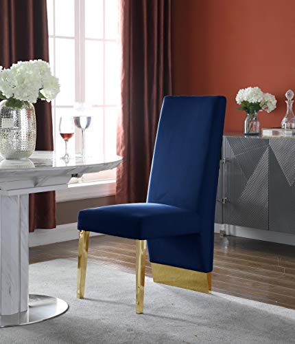 Image of Meridian Furniture 755Navy-C Porsha Collection Modern | Contemporary Dining Chair with Luxurious Navy Velvet, Rich Gold Metal Legs, Channel Tufted Back, 19.5 inch W x 27 inch D x 42 inch H, Navy, Set of 2
