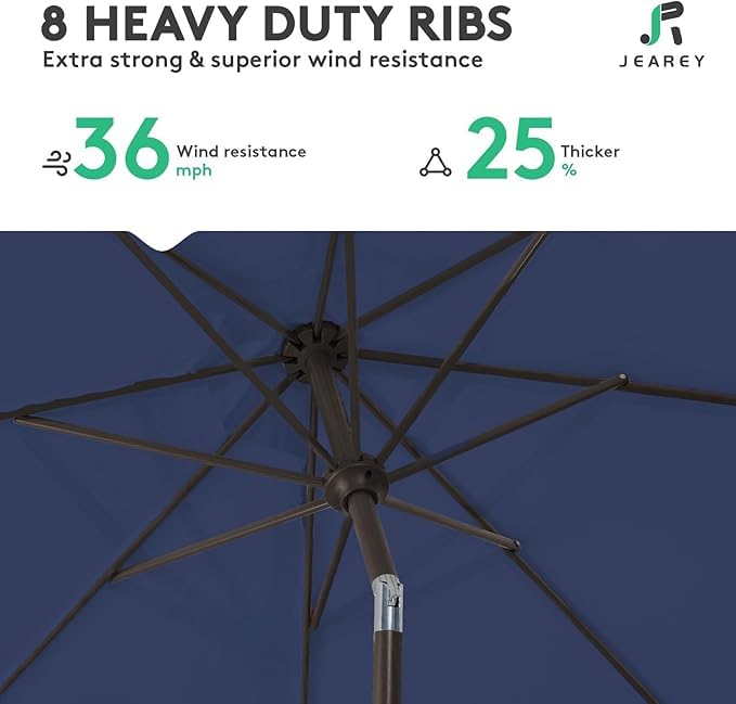 Image of JEAREY Outdoor Patio Umbrella 9FT Outdoor Table Umbrella with Push Button Tilt and Crank, Market Umbrellas 8 Sturdy Ribs UV Protection Waterproof for Garden, Deck, Pool (Purplish Blue)