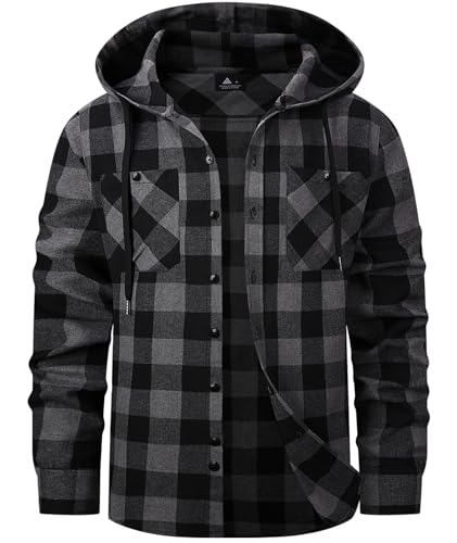 Hooded Flannel Shirt for Men Casual Button Down Shirt Long Sleeve Plaid Hoodie with Pocket2