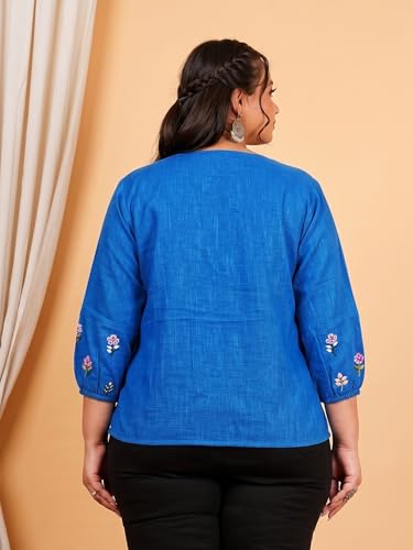 Image of Akiko Women's Plus Size Cotton Slub Fabric Top V-Neckline Embroidered Sleeves