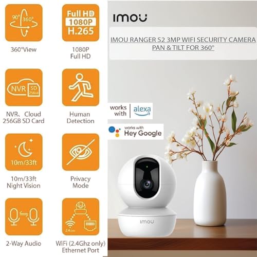 Imou Ranger S2 3MP WiFi Security Camera, Pan & Tilt for 360°, Human Detection, Smart Tracking, 2-Way Audio, Night Vision, Alexa Google Assistant,... - Image 2