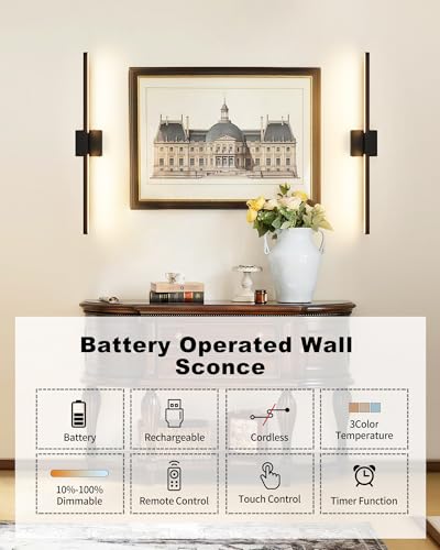 Image of Rayogale Black Battery Operated Wall Sconce with Remote Control 36 Inch | 3000 /4500 /6000K Dimmable 8000mAh Wireless Rechargeable Wall Sconces Set of Two with Timer for Living Room, Bedroom, TV