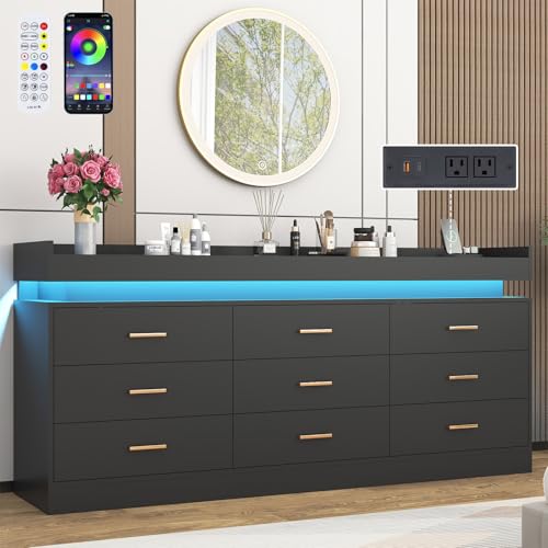 Image of Hlivelood 9 Drawer Dresser with LED Light and Charging Station, 63 inch Modern Chest of Drawers for Closet, Wide Drawer Organizer Cabinet for Bedroom, Living Room, Entryway, Hallway, Black