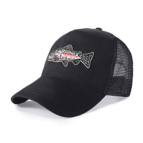 WOOG2005 for Women Men, Fathers Day Fishing Gift Structured Trucker Hat Meshback Cap for Men Women (Rainbow Trout - Black)