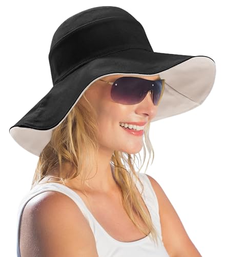 Womens Foldable Shapeable Brim Sun Hat UPF 50+ Cotton Wide Brim Beach Adjustable Chin Strap Hat Sun Protection Cap