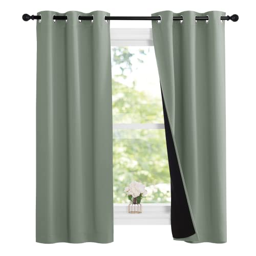 Image of NICETOWN Greyish Green 100% Blackout Lined Curtains, 2 Thick Layers Narrow Wide Window Treatment Panels Thermal Insulated Drapes for Kitchen Small Window (1 Pair, 37 inch Width x 63 inch Length Each Panel)
