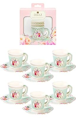 Talking Tables Truly Scrumptious Pack of 12 Vintage Floral Paper Afternoon Tea Party Cups Saucer Set For Kids or Adults Birthday Bridal Shower or Wedding, Mint Green