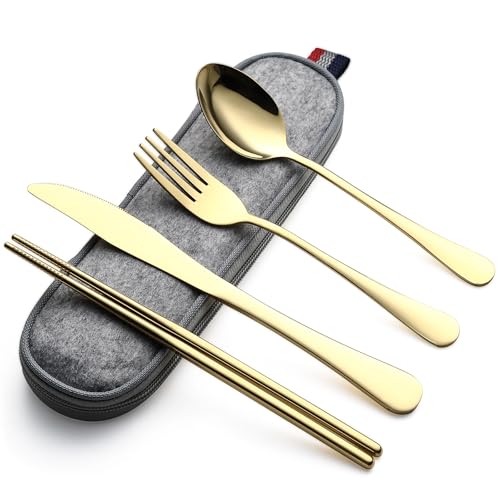 DEVICO Camping Besteck, 5-Teilig Edelstahl Outdoor Reisebesteck mit Etui – Ansicht 1