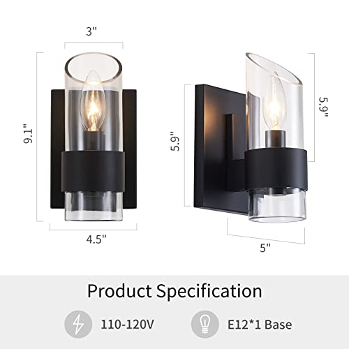 Image of WUZUPS Set of 2 1-Light Bathroom Wall Light Fixture Over Mirror Class Shade Morden Vanity Scones for Bathroom Bedroom Living Room, E12 Base, Black