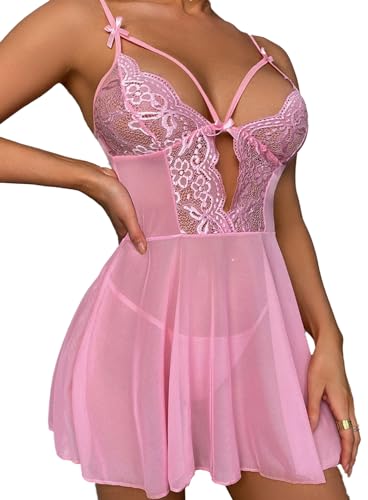 NLAND Picardias Encaje Mujer Babydoll Lenceria Erótica Pijama Sin Mangas Camison de Encaje Ropa 2 Piezas Lencería Conjunto con Tanga（Rosa）