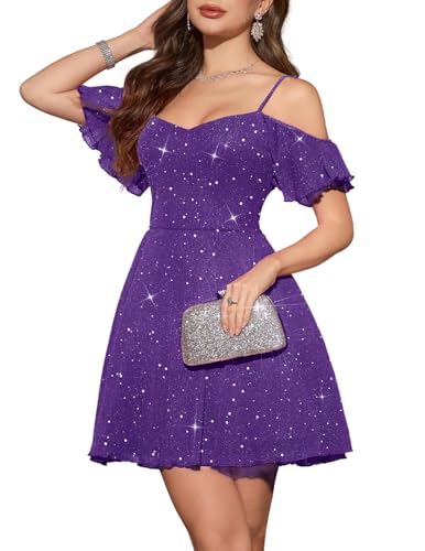 Image of Meetjen Women's Short Cocktail Dresses for Teens Formal Homecoming Sparkly Off Shoulder Tulle Sequin Prom Party Dress