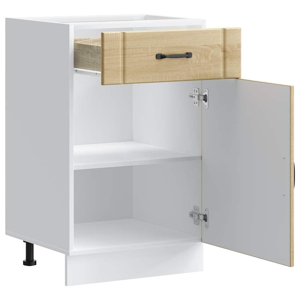 Lucca Sonoma - Mobiletto da cucina in legno di quercia Sonoma, 50 x 46 x 81,5 cm, vano portaoggetti con piedini regolabili, per stoviglie, pentole e microonde, in confezione piatta