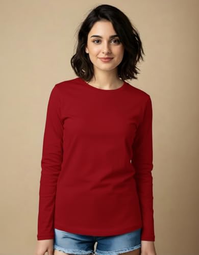 Image of JUNEBERRY Pure Cotton Round Neck Regular Fit Core Fashion Solid Full Sleeve T-Shirt for Women & Girls (Colors: Black, Cork, Green, Navy, Swanwhite & White)
