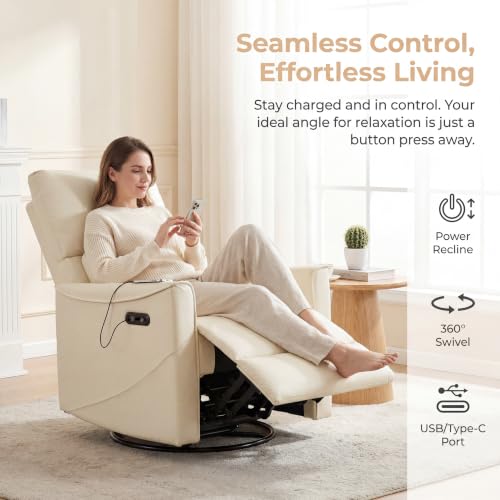 Image of Leather Power Swivel Rocking Recliner Chair, Electric Lazy Boy Reclining with Home Theater Seating, 360 Swivel Oversized Recliner Chair for Living Room, Bedroom, Reading, Beige