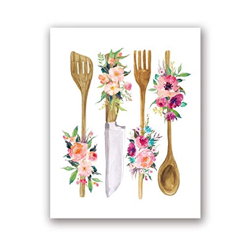 Ustensiles de cuisine imprimé floral décoration murale toile sans cadre