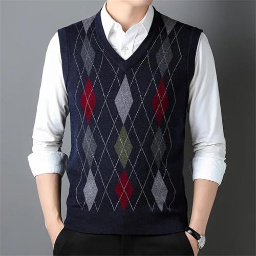 Men’S Thickened Rhomboid Grain V-Neck Sweater Vest Warm Knitted Sleeveless Pullover Tank Top2