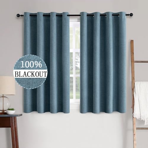 Image of MIULEE Linen Texture Curtains for Bedroom Solid 100% Blackout Thermal Insulated Dusty Blue Curtains Grommet Room Darkening Drapes Luxury Decor for Living Room 52x45 Inch (2 Panels)