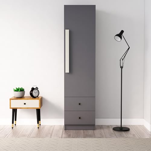 Image of Bniture Wooden Almirah for Clothes, Door for Bedroom, 1 Door Wardrobe with 2 Drawer & Hanging Space 3 Years Warranty (Slate Grey)