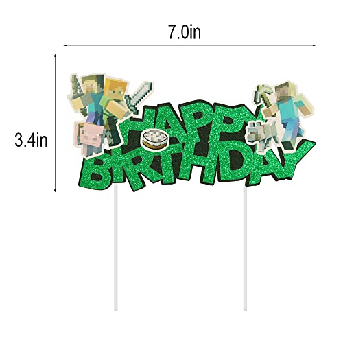 Video Game Happy Birthday Cake Topper - Mining Theme Cake Topper, Pixel Style Theme Party Supplies (Green) #TOP1