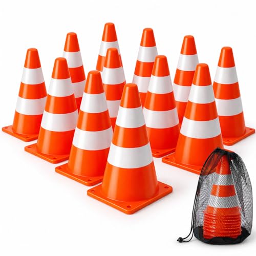 BRAMBLE 12 Cônes de Signalisation, Plot, Cônes Circulation (23cm) - Cônes de Sécurité avec Bandes Réfléchissantes - Sport, Football, Jeux Enfants, Entrainement de...