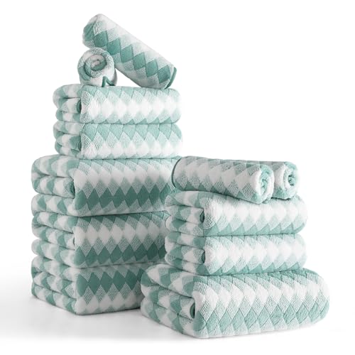12 Pcs Turquoise Diamond Towel Set-4 Bath Towels 4 Hand Towels 4 Washcloths Soft Polyester Towels with Loop Absorbent Shower Towel Quick Dry Beach Chair Towel Family Towels for Bathroom Spa Gym Pool