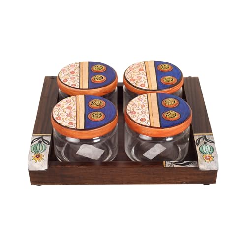Image of AAKRITI ART CREATIONS Artisan Munch Tray S04 Jars | Handcrafted Dhokra Brass Storage Jars| Kitchen Decoration Items Stylish Tray & Jars| Airtight Kitchen Jars with Wooden