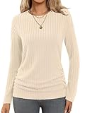 Bliwov Long Sleeve Shirts for Women Fall Fashion Outfits CrewNeck Tops Sides Ruched Spring Pullover Sweaters Tunic Clothes Cream