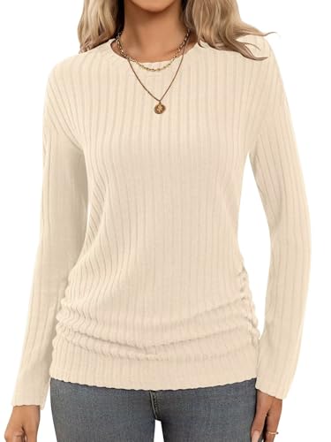 Bliwov Long Sleeve Shirts for Women Fall Fashion Outfits CrewNeck Tops Sides Ruched Spring Pullover Sweaters Tunic Clothes Cream