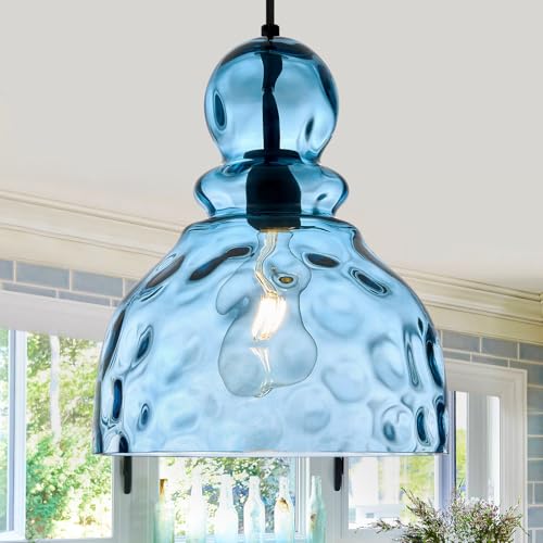 FookChak Coastal Pendant Light Blue Hammered Glass Kitchen Island Lights 10in Large Pendant Hanging Light for Dining Room Kitchen Sink Hallway Entrance E26