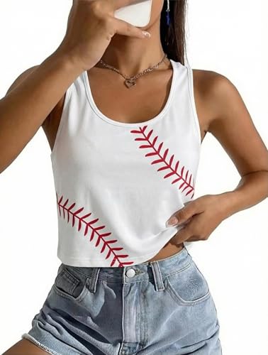Baseball Crop Tops Women Baseball Mom Shirts Game Day Team Gift T-Shirt Casual Sleeveless Tank Tops A-White