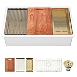 Sarlai 33 Inch White Undermount Sink Workstation - 33 x 19 Inch White Kitchen Sink Drop In Single Bowl Ledge Workstaion Topmount Sinks Fireclay Ceramic Sinks Basin With Gold Accessories