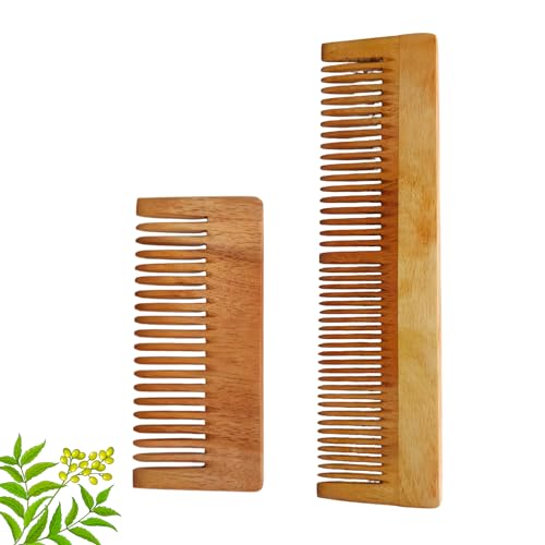 Image of Neem Wood Comb Set for Hair Growth | 100% Natural Anti-Static Neem Wooden Combs for Women, Men & Kids | Wide Tooth & Fine Tooth Kacchi Kanghi for Dandruff Removal, Hair Fall Control, Scalp Massage & Detangling | Large & Pocket Size (Pack of 2)