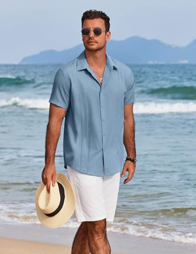 Image of COOFANDY Mens Cuban Guayabera Shirt Short Sleeve Button Down Shirts Summer Beach Vacation Shirts