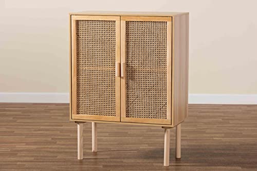 Baxton Studio Maclean Mid-Century Modern Rattan And Natural Brown Finished Wood 2-Door Storage Cabinet #TOP3
