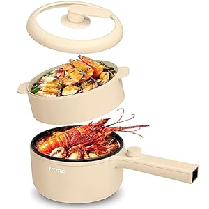 HYTRIC Hot Pot Electric with Steamer, 1.5L Portable Non-stick Frying Pan, Electric Cooker for Steak, Egg, Pasta, Ramen Cooker with Dual Power Control, Electric Pot for Office, Dorm, Camping, Yellow